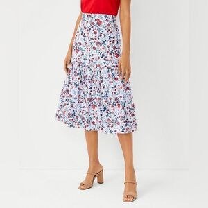 Ann Taylor Red‎ White Blue Floral Flounce Midi Skirt Sz 0